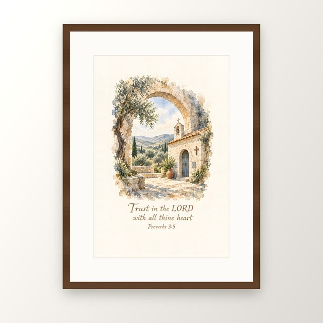 Chapel in the Olives, Proverbs 3:5 watercolor print, framed