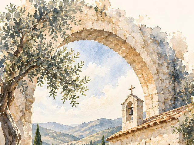 Chapel in the Olives, Proverbs 3:5 watercolor print, close-up of the watercolor painting