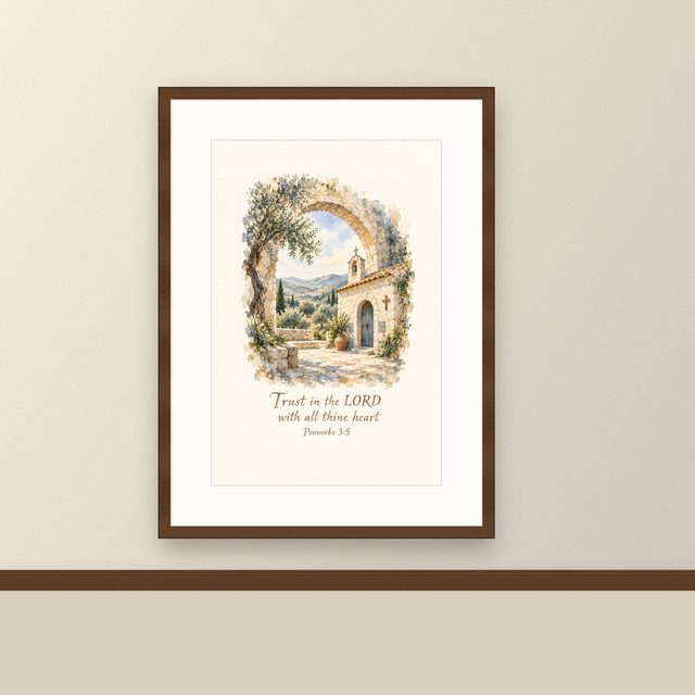 Chapel in the Olives, Proverbs 3:5 watercolor print, framed on a wall