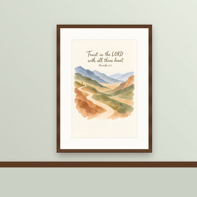 Path Through the Hills, Proverbs 3:5 watercolor print, framed on a wall