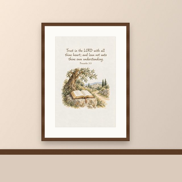 Trust in the Lord With All Thine Heart, Proverbs 3:5 watercolor print, framed on a wall