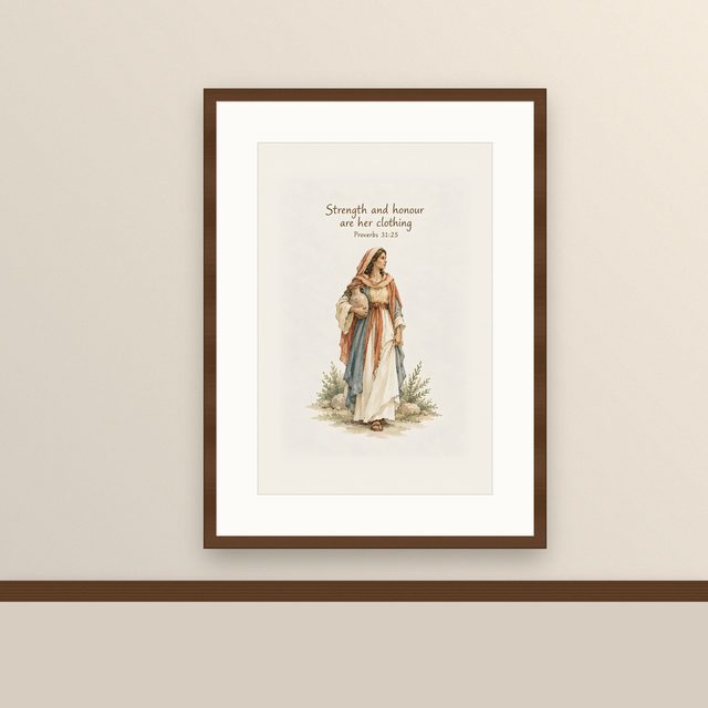 Virtuous Woman, Proverbs 31:25 watercolor print, framed on a wall