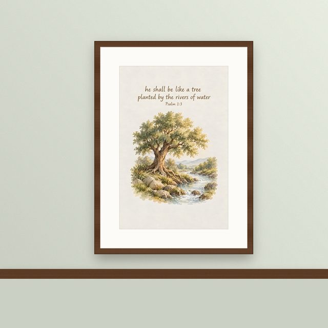 A Tree Planted by the Rivers of Water, Psalm 1:3 watercolor print, framed on a wall