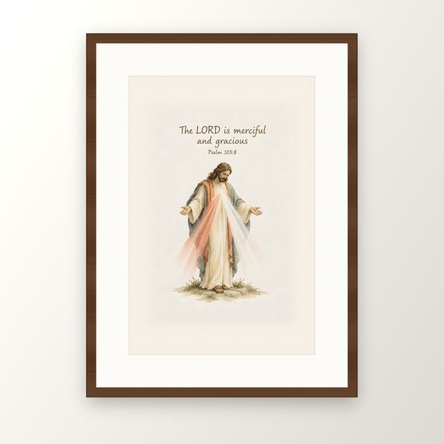 Divine Mercy, Psalm 103:8 watercolor print, framed