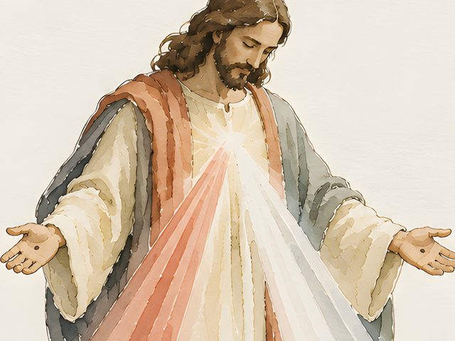 Divine Mercy, Psalm 103:8 watercolor print, close-up of the watercolor painting