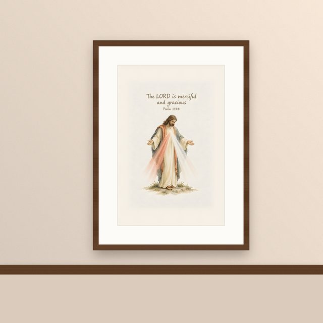 Divine Mercy, Psalm 103:8 watercolor print, framed on a wall