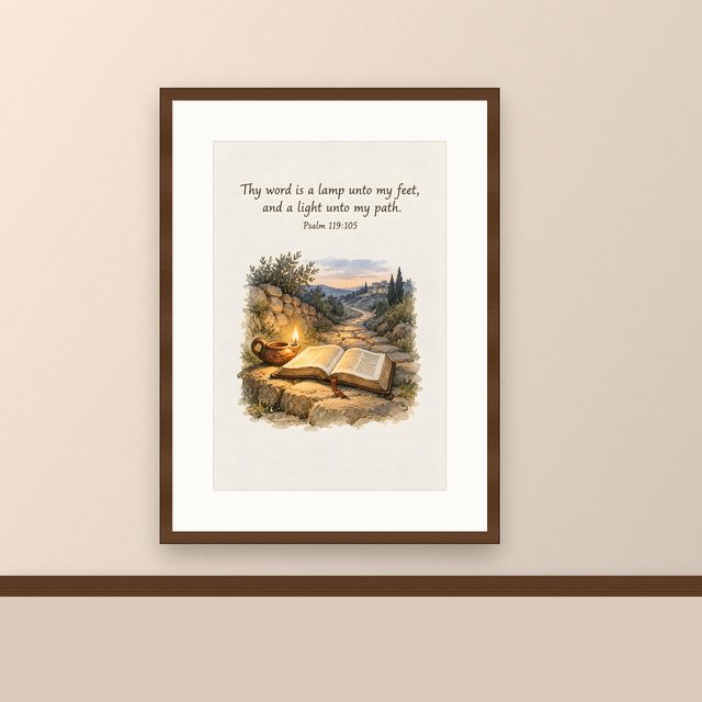 Thy Word Is a Lamp Unto My Feet, Psalm 119:105 watercolor print, framed on a wall