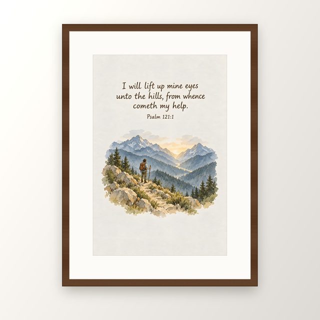 I Will Lift Up Mine Eyes, Psalm 121:1 watercolor print, framed