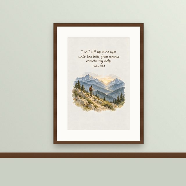 I Will Lift Up Mine Eyes, Psalm 121:1 watercolor print, framed on a wall