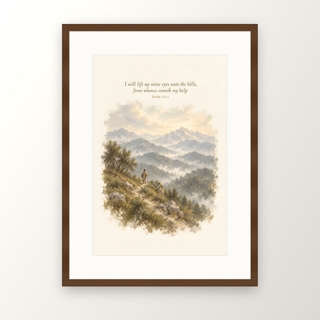 Pilgrim in the Mountains, Psalm 121:1 watercolor print, framed