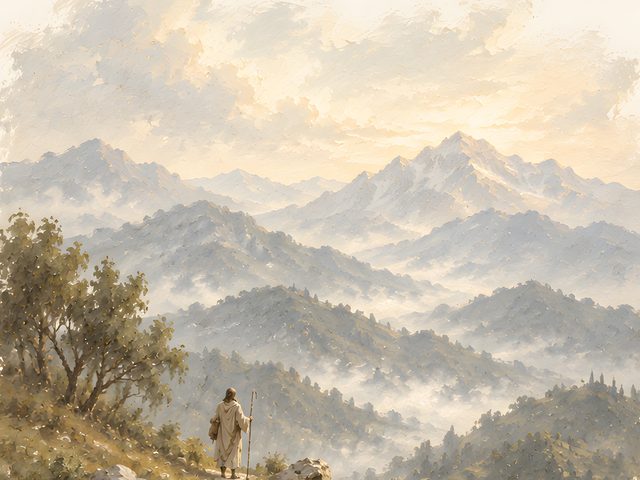 Pilgrim in the Mountains, Psalm 121:1 watercolor print, close-up of the watercolor painting