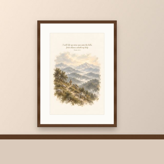 Pilgrim in the Mountains, Psalm 121:1 watercolor print, framed on a wall