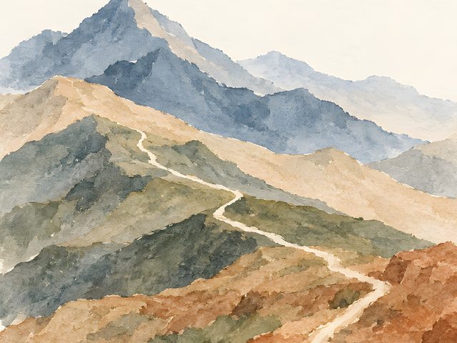Trail to the Peak, Psalm 121:1 watercolor print, close-up of the watercolor painting