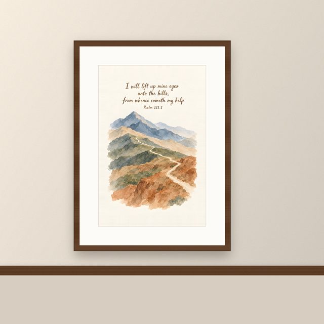 Trail to the Peak, Psalm 121:1 watercolor print, framed on a wall