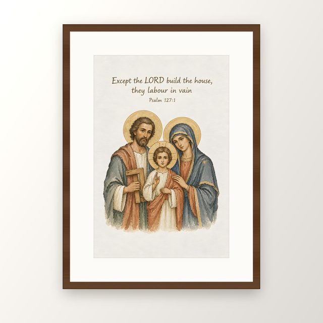 Holy Family Icon, Psalm 127:1 watercolor print, framed