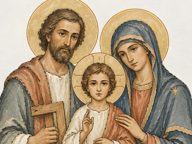 Holy Family Icon, Psalm 127:1 watercolor print, close-up of the watercolor painting