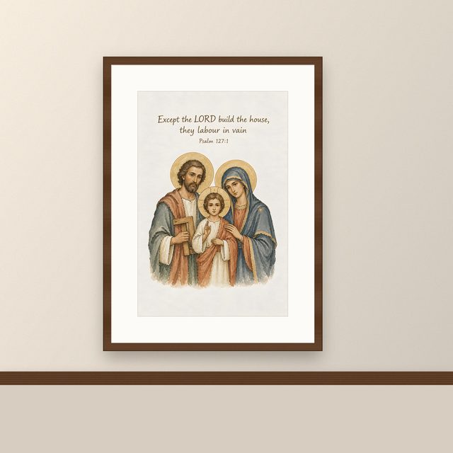 Holy Family Icon, Psalm 127:1 watercolor print, framed on a wall