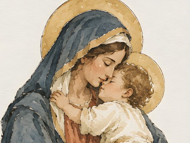 Virgin Mary, Psalm 131:2 watercolor print, close-up of the watercolor painting
