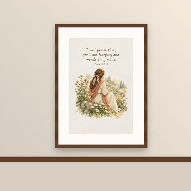 I Am Fearfully and Wonderfully Made, Psalm 139:14 watercolor print, framed on a wall