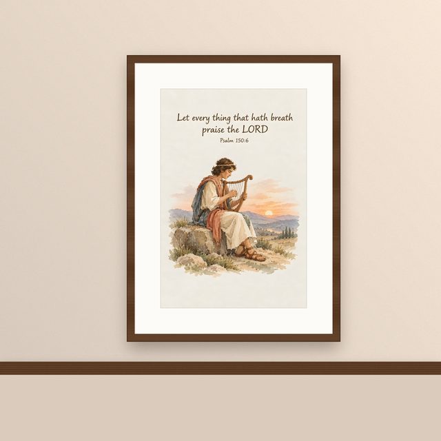 King David, Psalm 150:6 watercolor print, framed on a wall