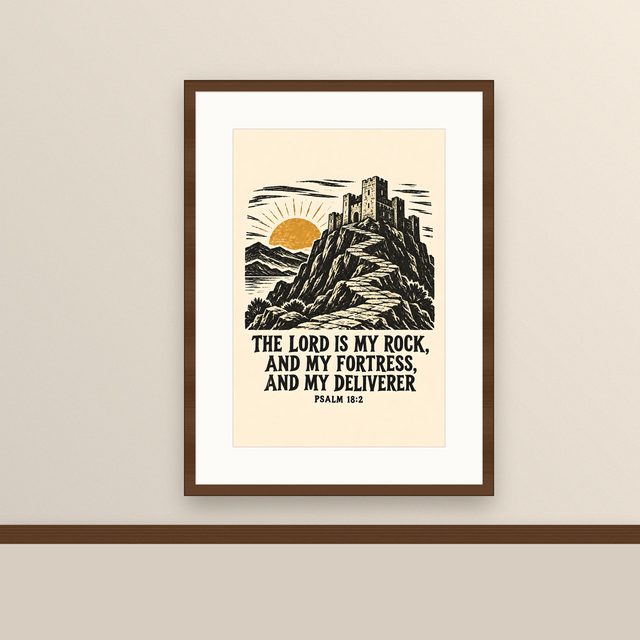 Castle on the Hill, Psalm 18:2 watercolor print, framed on a wall