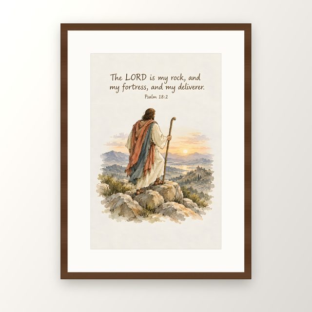 The Lord Is My Rock and My Fortress, Psalm 18:2 watercolor print, framed