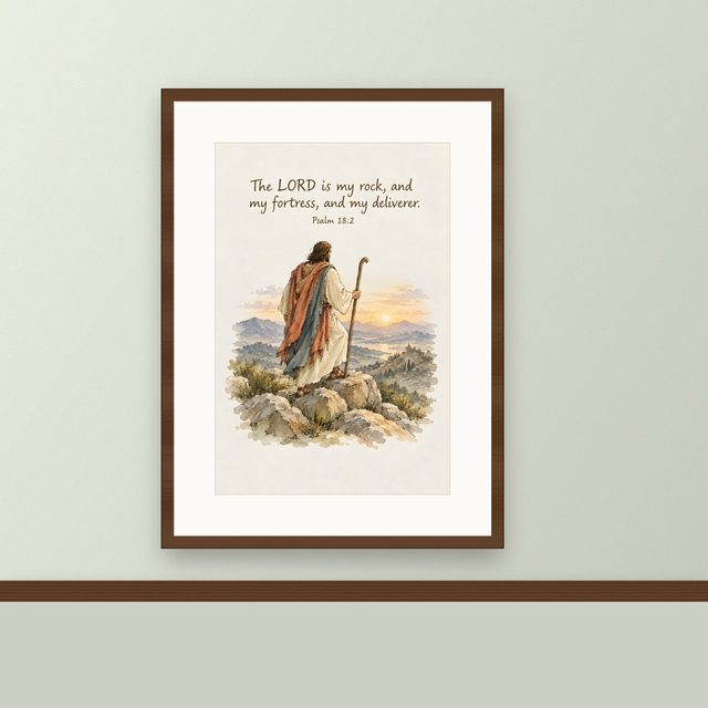 The Lord Is My Rock and My Fortress, Psalm 18:2 watercolor print, framed on a wall