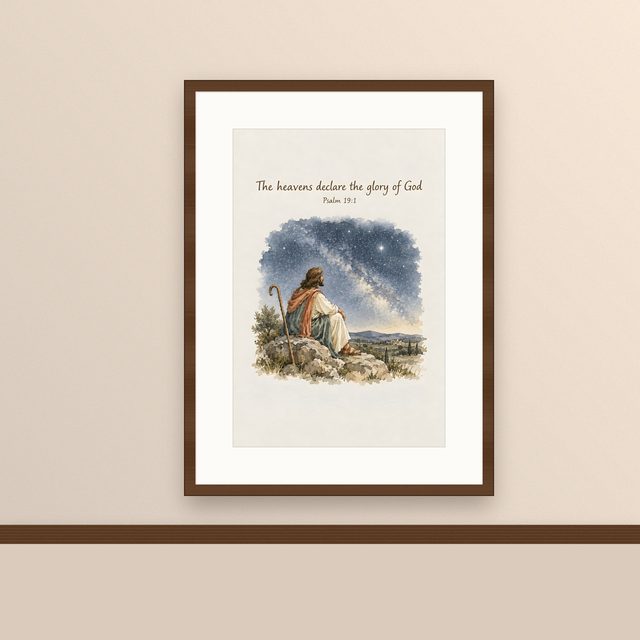 The Heavens Declare the Glory of God, Psalm 19:1 watercolor print, framed on a wall
