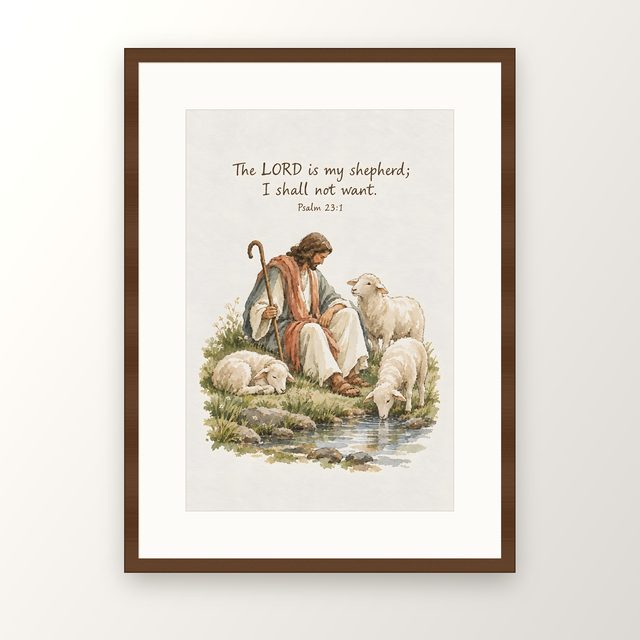 Jesus With His Sheep, Psalm 23:1 watercolor print, framed