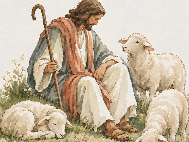 Jesus With His Sheep, Psalm 23:1 watercolor print, close-up of the watercolor painting