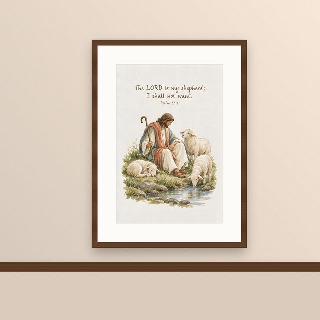 Jesus With His Sheep, Psalm 23:1 watercolor print, framed on a wall