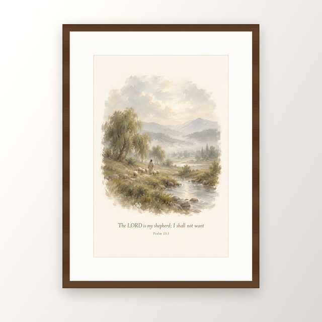 Misty Valley, Psalm 23:1 watercolor print, framed
