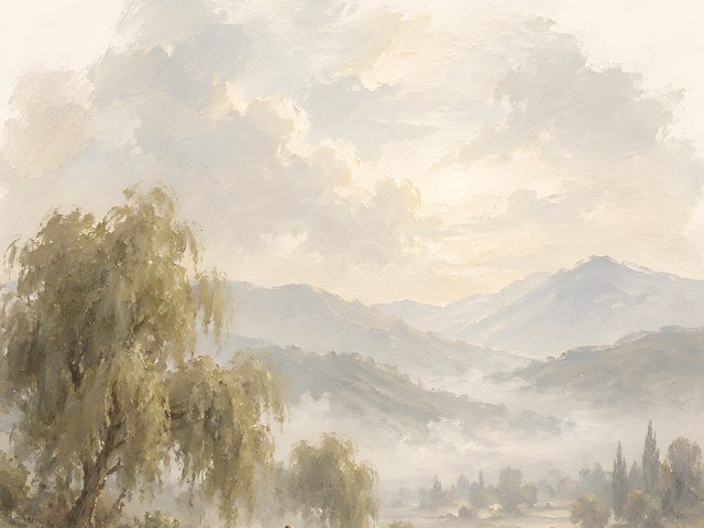 Misty Valley, Psalm 23:1 watercolor print, close-up of the watercolor painting