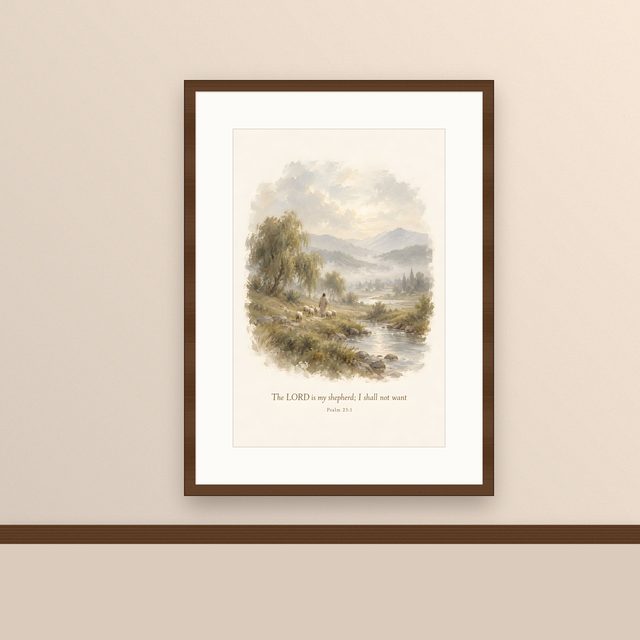 Misty Valley, Psalm 23:1 watercolor print, framed on a wall