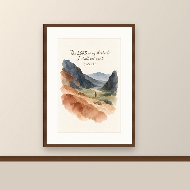 Out of the Valley, Psalm 23:1 watercolor print, framed on a wall