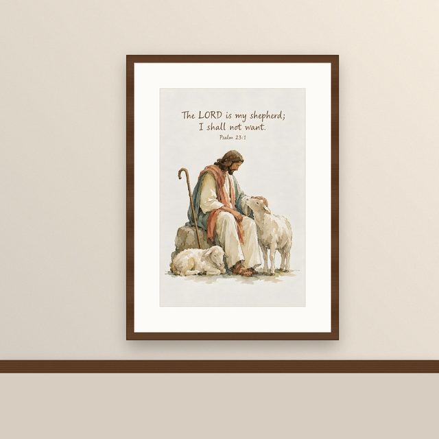 The Lord Is My Shepherd, Psalm 23:1 watercolor print, framed on a wall