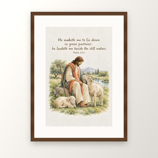 Green Pastures Still Waters, Psalm 23:2 watercolor print, framed
