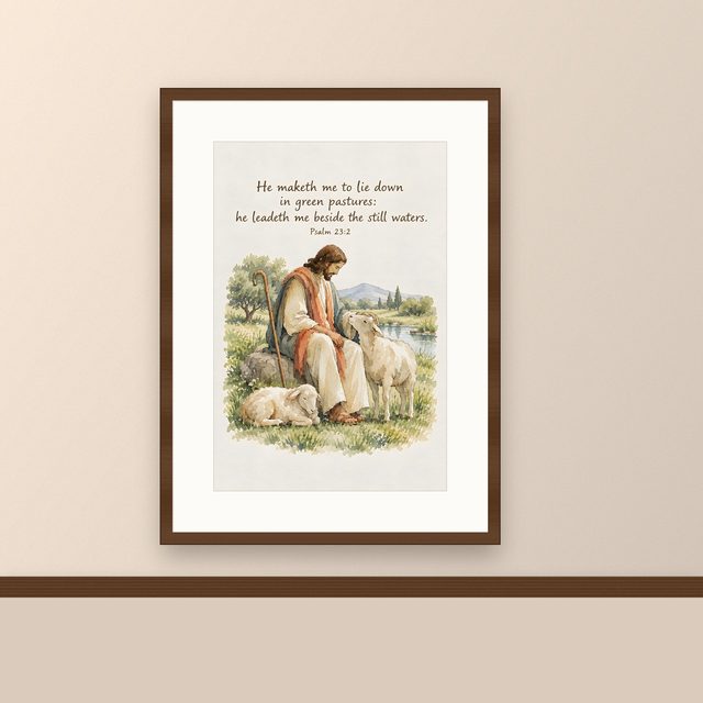 Green Pastures Still Waters, Psalm 23:2 watercolor print, framed on a wall