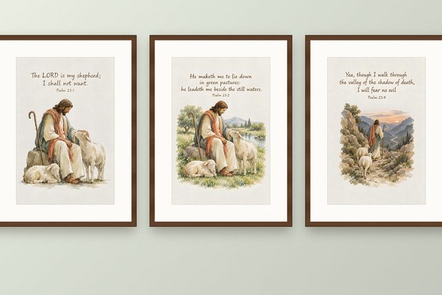 Three framed Gracenne Psalm 23 prints hung side by side