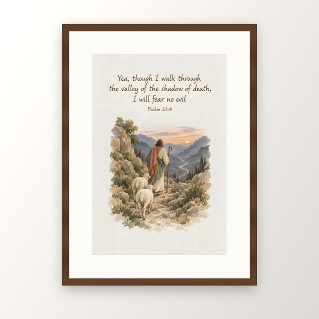 Yea Though I Walk Through the Valley, Psalm 23:4 watercolor print, framed