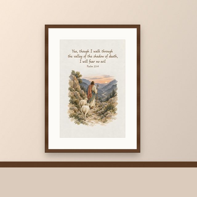 Yea Though I Walk Through the Valley, Psalm 23:4 watercolor print, framed on a wall
