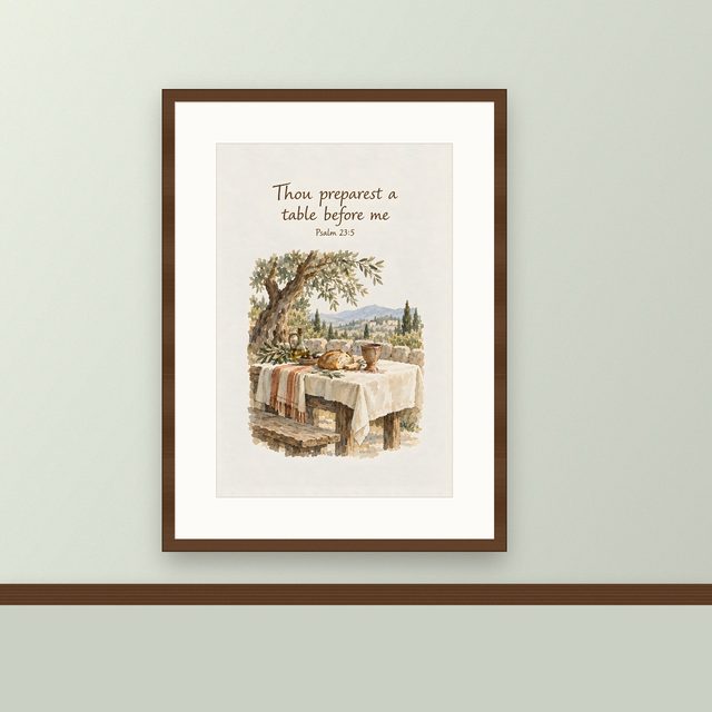 Thou Preparest a Table Before Me, Psalm 23:5 watercolor print, framed on a wall