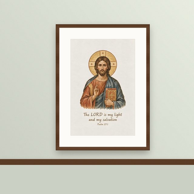 Orthodox Icon, Psalm 27:1 watercolor print, framed on a wall