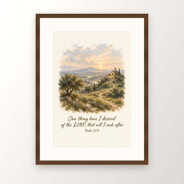 Chapel on the Hill, Psalm 27:4 watercolor print, framed