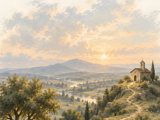 Chapel on the Hill, Psalm 27:4 watercolor print, close-up of the watercolor painting