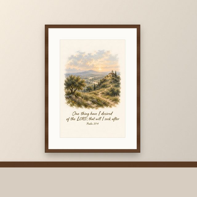 Chapel on the Hill, Psalm 27:4 watercolor print, framed on a wall