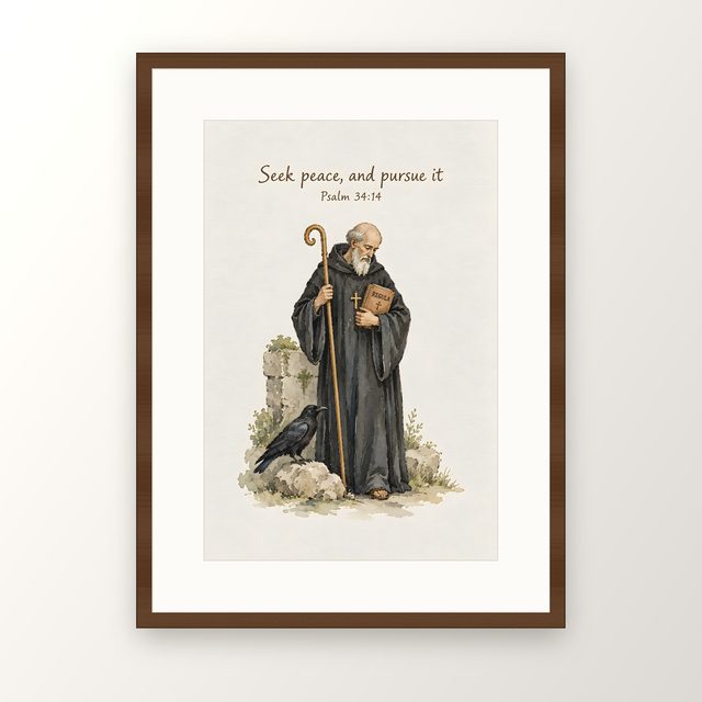 St Benedict, Psalm 34:14 watercolor print, framed