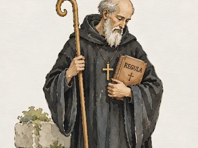 St Benedict, Psalm 34:14 watercolor print, close-up of the watercolor painting