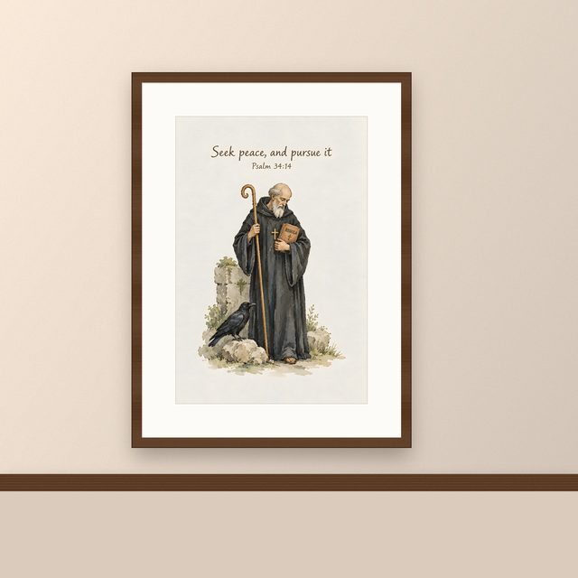 St Benedict, Psalm 34:14 watercolor print, framed on a wall