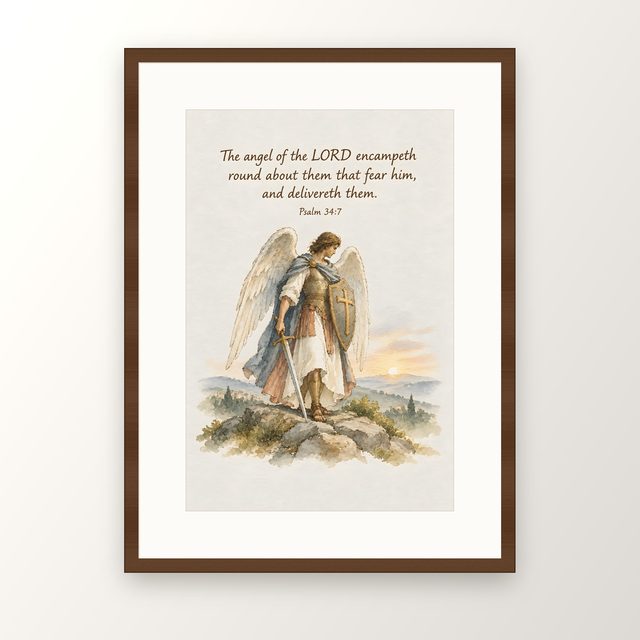 Archangel Michael, Psalm 34:7 watercolor print, framed